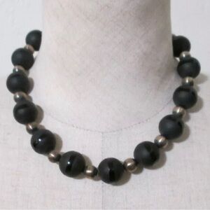 Vintage Native American Glass & Sterling Silver Necklace Black on Black 17 1/4”